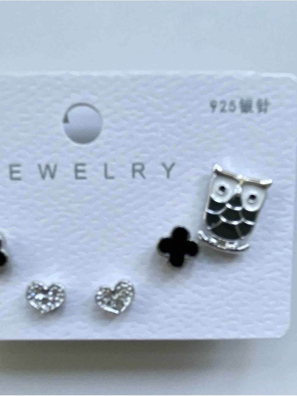 925 Sterling Silver Owl, Black Clover & Heart Earring Set - 3 Pairs - Picture 3 of 7